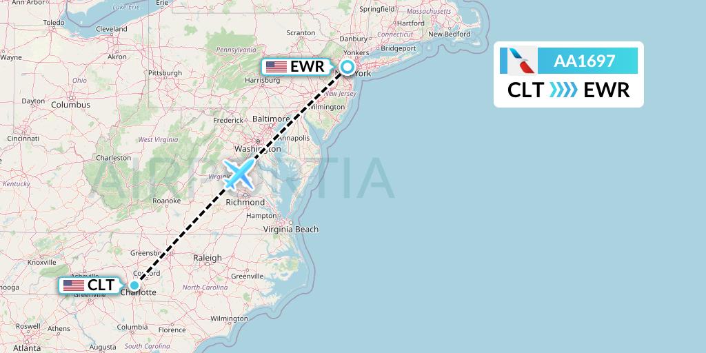 AA1697 American Airlines Flight Map: Charlotte to New York
