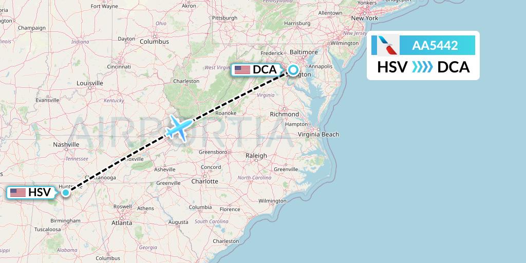 AA5442 American Airlines Flight Map: Huntsville to Washington