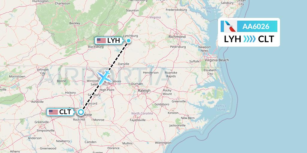 AA6026 American Airlines Flight Map: Lynchburg to Charlotte