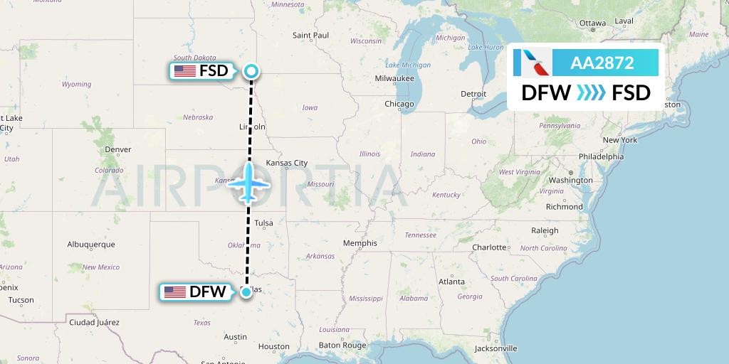 AA2872 American Airlines Flight Map: Dallas to Sioux Falls