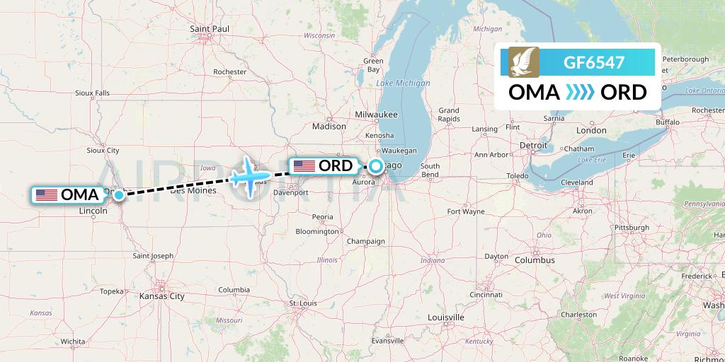 GF6547 Gulf Air Flight Map: Omaha to Chicago