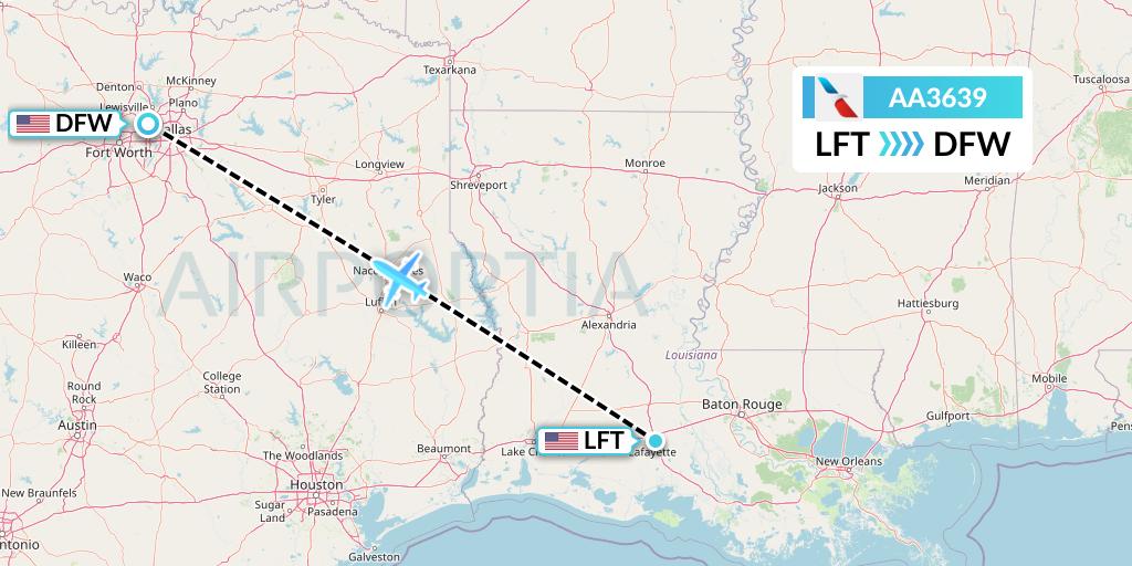 AA3639 American Airlines Flight Map: Lafayette to Dallas