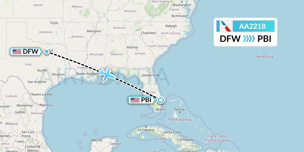 AA2218 American Airlines Flight Map: Dallas to West Palm Beach