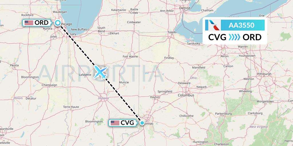 AA3550 American Airlines Flight Map: Cincinnati to Chicago