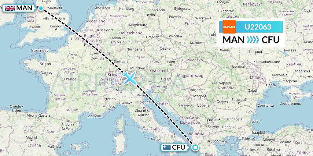 U22063 EasyJet Flight Map: Manchester to Corfu