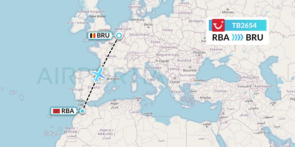TB2654 TUI fly Belgium Flight Map: Rabat to Brussels