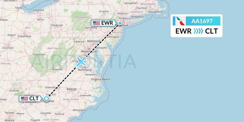 AA1697 American Airlines Flight Map: New York to Charlotte