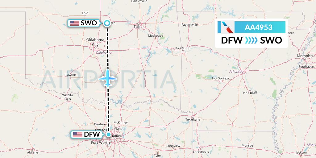 AA4953 American Airlines Flight Map: Dallas to Stillwater