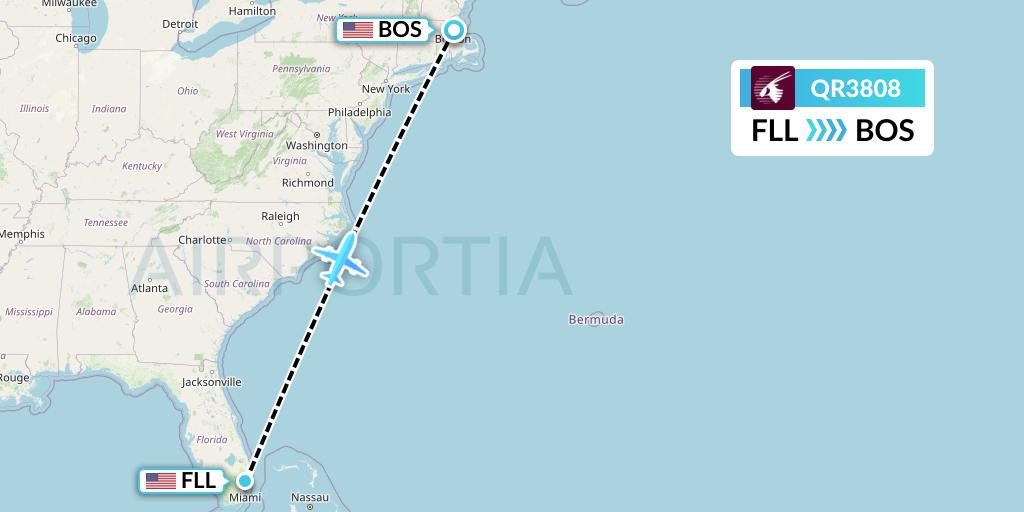 QR3808 Qatar Airways Flight Map: Fort Lauderdale to Boston