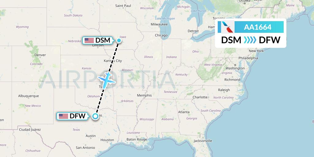 AA1664 American Airlines Flight Map: Des Moines to Dallas