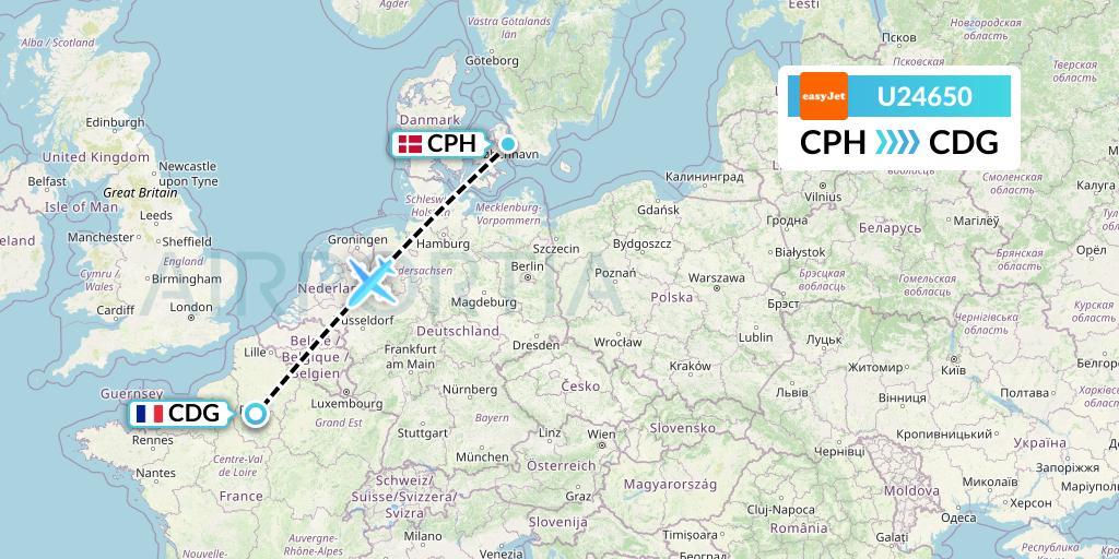 U24650 EasyJet Flight Map: Copenhagen to Paris