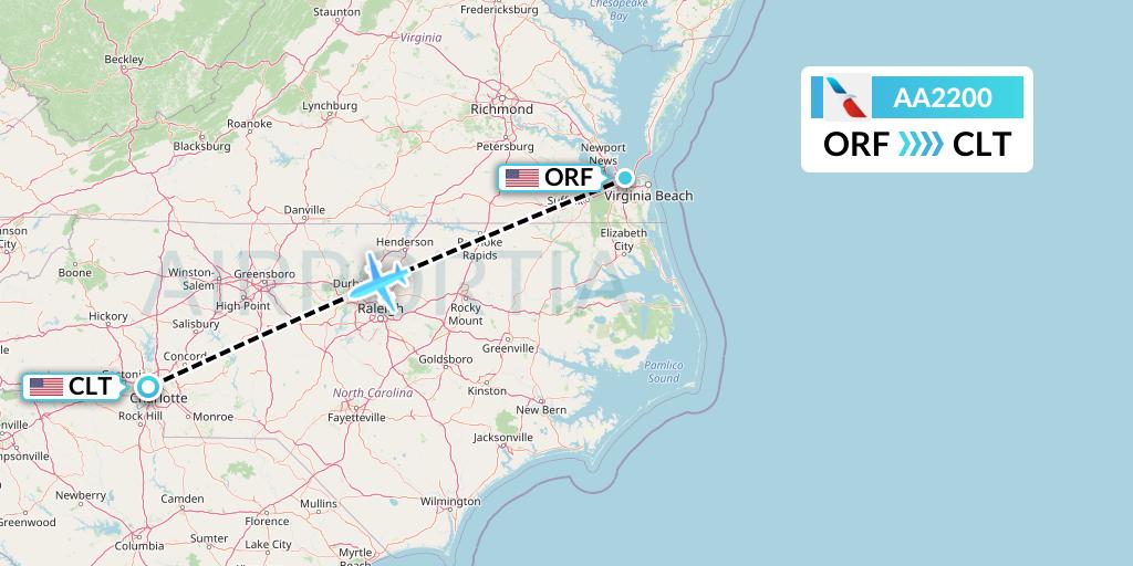 AA2200 American Airlines Flight Map: Norfolk to Charlotte
