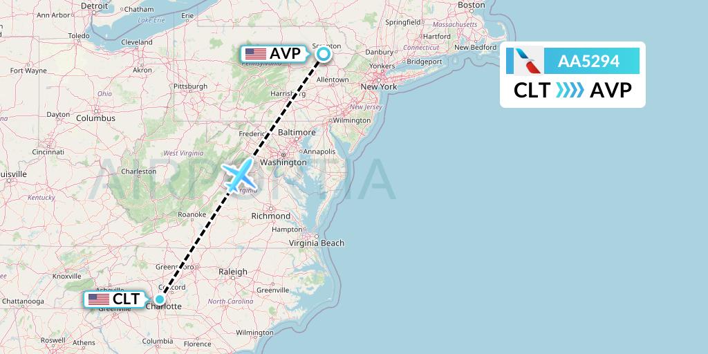 AA5294 American Airlines Flight Map: Charlotte to Avoca