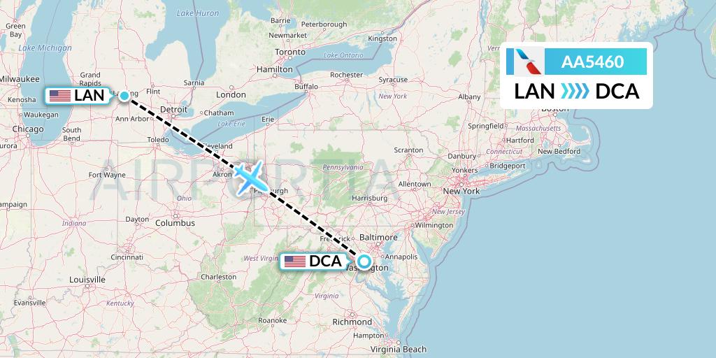 AA5460 American Airlines Flight Map: Lansing to Washington