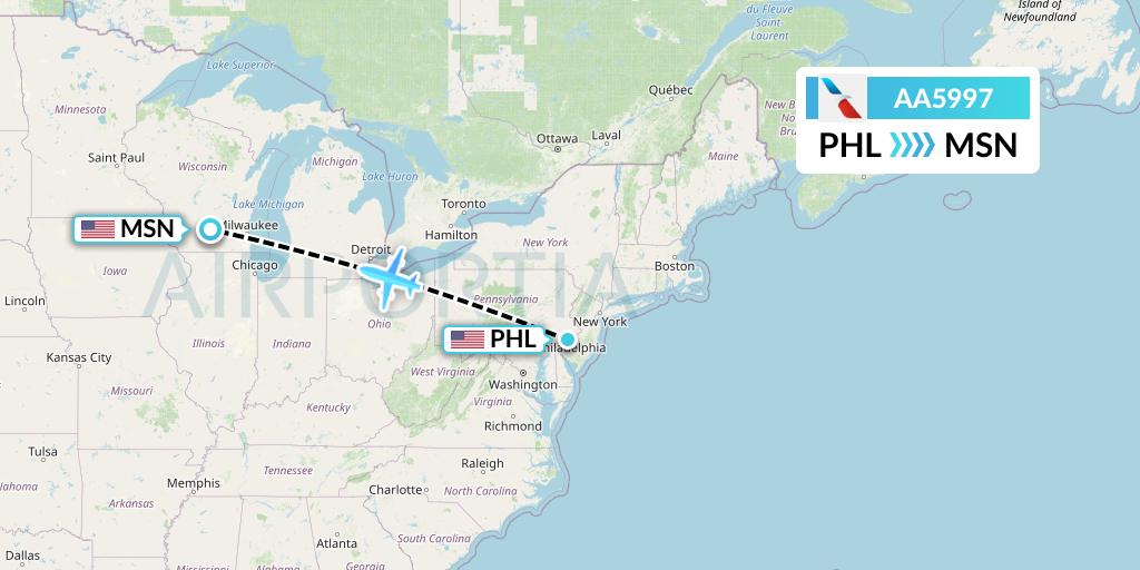 AA5997 American Airlines Flight Map: Philadelphia to Madison