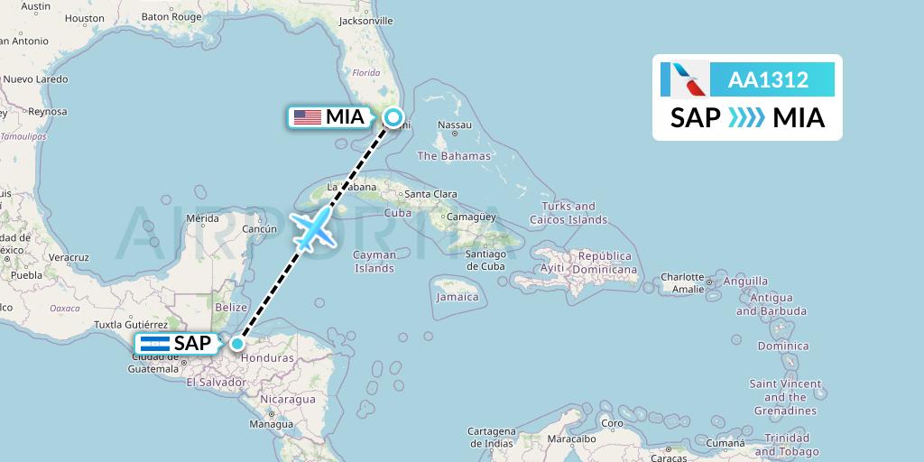AA1312 American Airlines Flight Map: San Pedro Sula to Miami