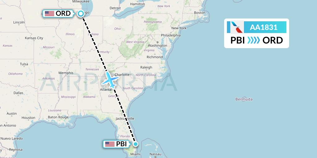 AA1831 American Airlines Flight Map: West Palm Beach to Chicago