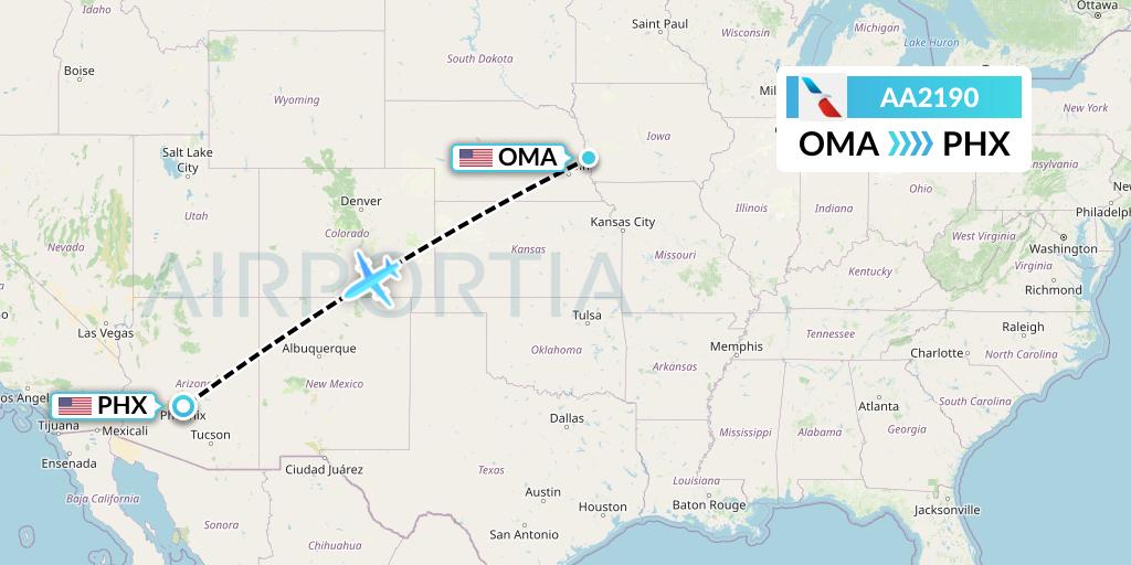 AA2190 American Airlines Flight Map: Omaha to Phoenix