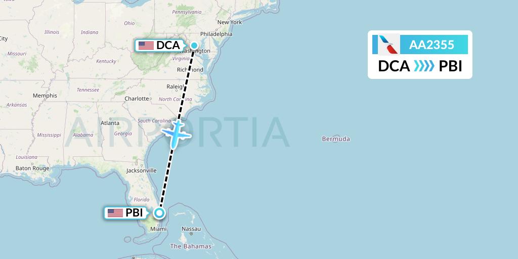 AA2355 American Airlines Flight Map: Washington to West Palm Beach