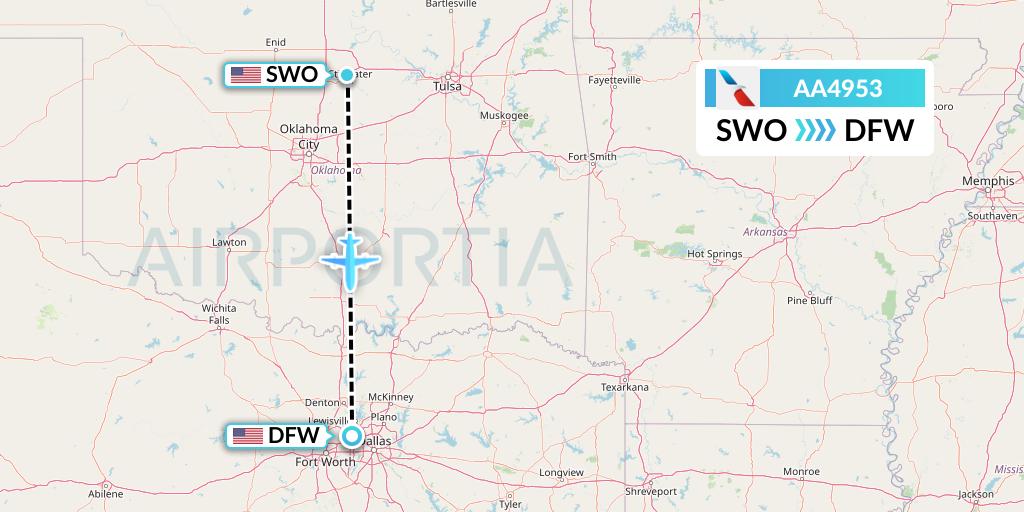 AA4953 American Airlines Flight Map: Stillwater to Dallas