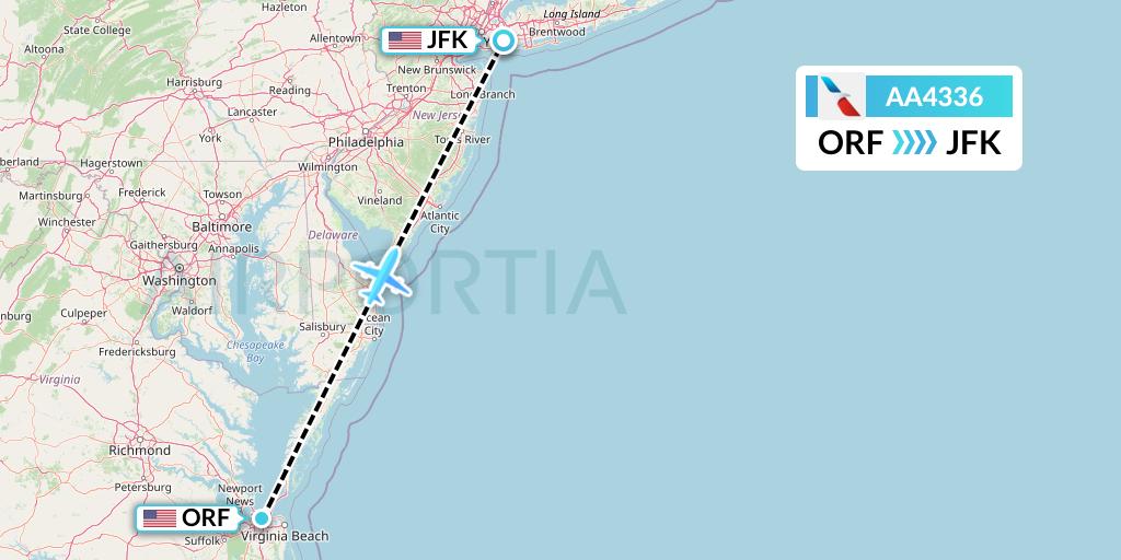 AA4336 American Airlines Flight Map: Norfolk to New York