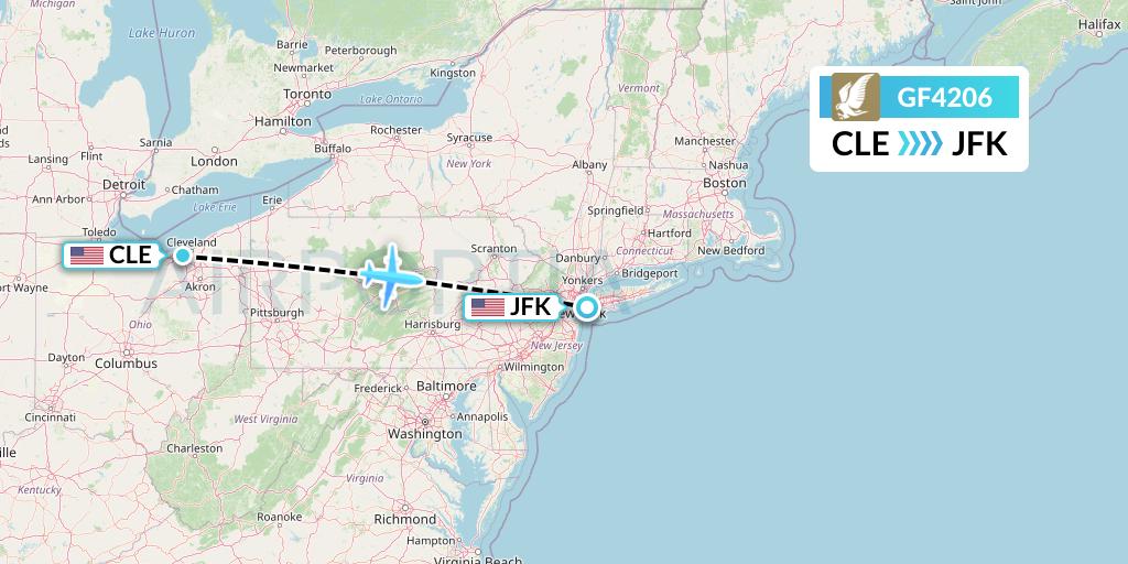 GF4206 Gulf Air Flight Map: Cleveland to New York
