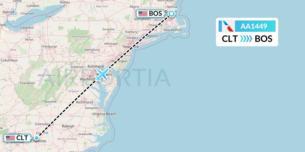 AA1449 American Airlines Flight Map: Charlotte to Boston