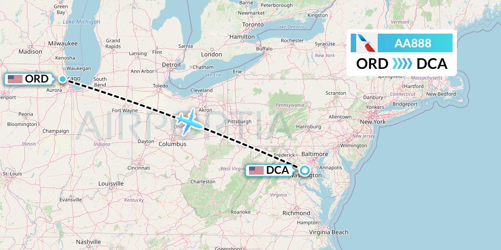 AA888 American Airlines Flight Map: Chicago to Washington