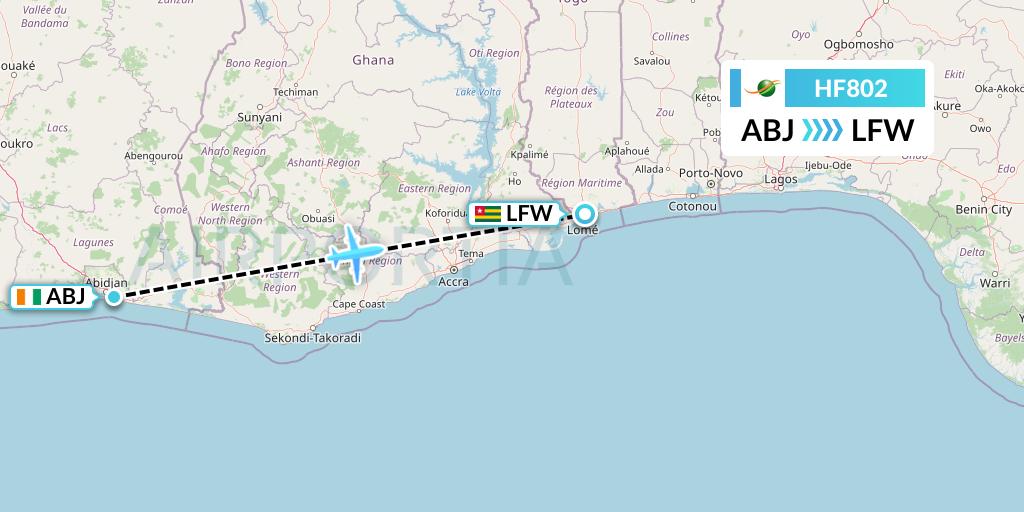 HF802 Air Cote d'Ivoire Flight Map: Abidjan to Lome