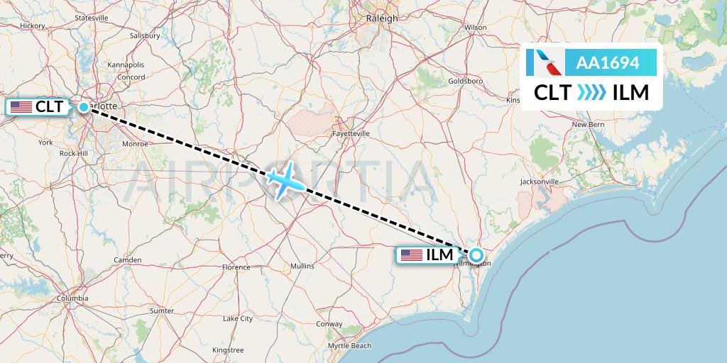 AA1694 American Airlines Flight Map: Charlotte to Wilmington