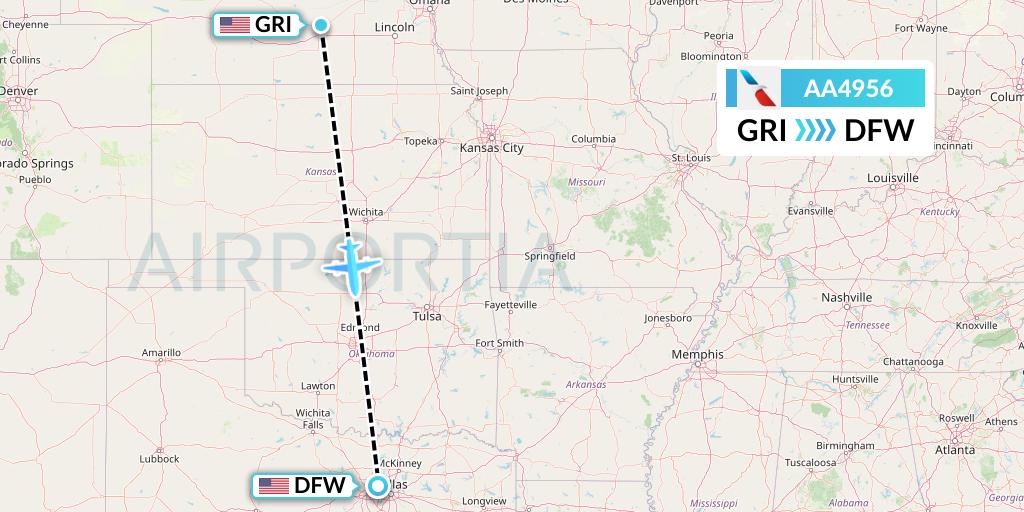 AA4956 American Airlines Flight Map: Grand Island to Dallas