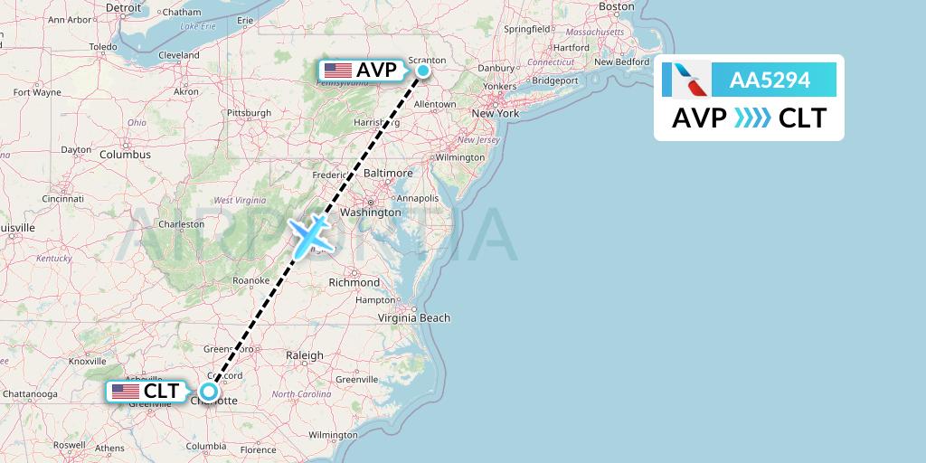 AA5294 American Airlines Flight Map: Avoca to Charlotte