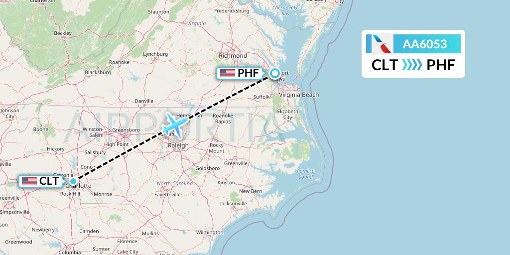 AA6053 American Airlines Flight Map: Charlotte to Newport News