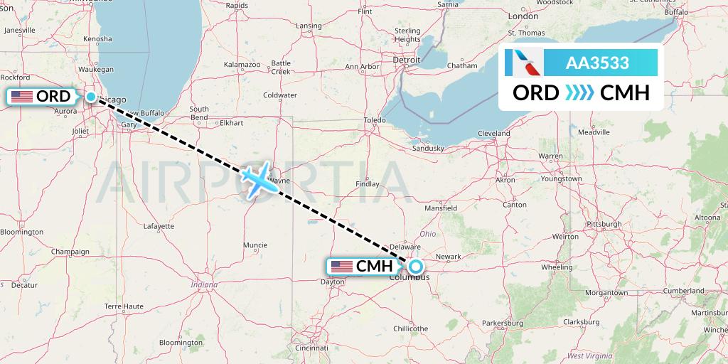 AA3533 American Airlines Flight Map: Chicago to Columbus