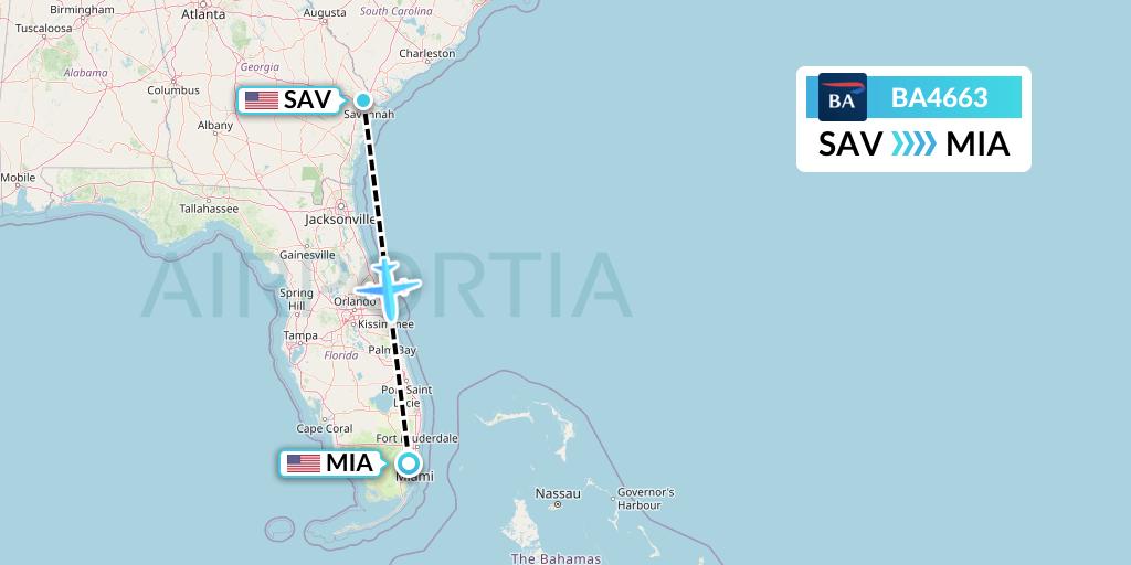 BA4663 British Airways Flight Map: Savannah to Miami
