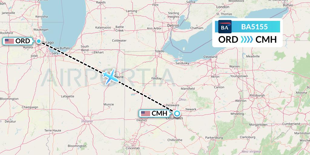 BA5155 British Airways Flight Map: Chicago to Columbus