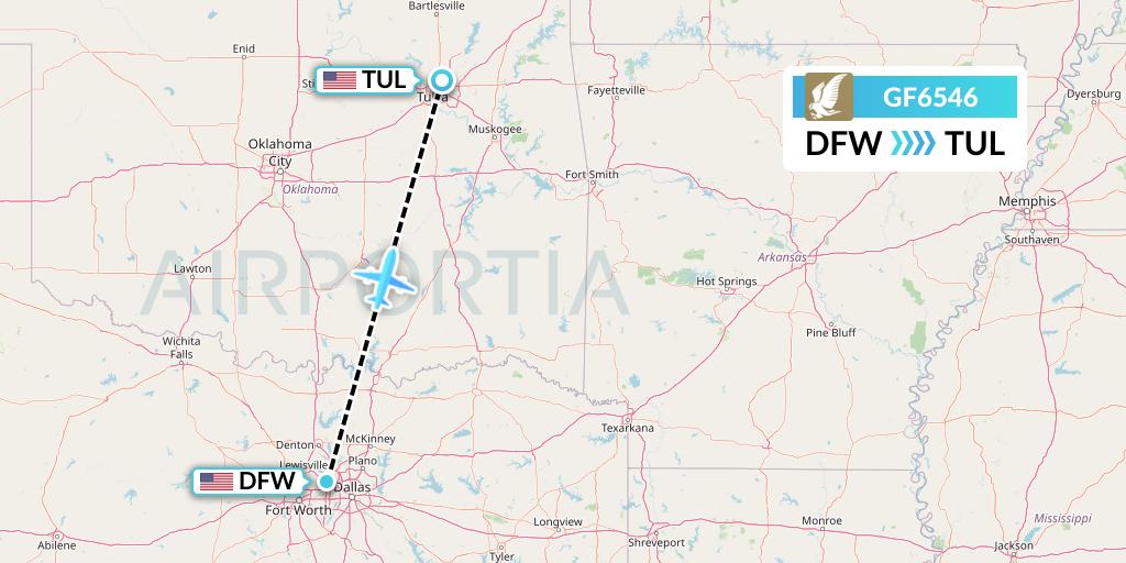 GF6546 Gulf Air Flight Map: Dallas to Tulsa