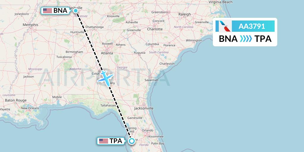AA3791 American Airlines Flight Map: Nashville to Tampa