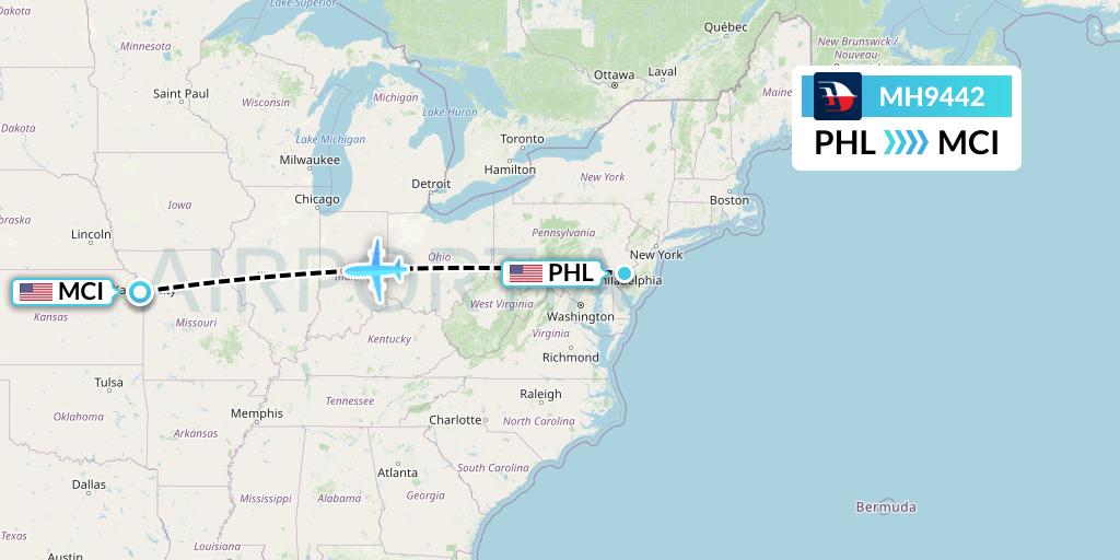 MH9442 Malaysia Airlines Flight Map: Philadelphia to Kansas City