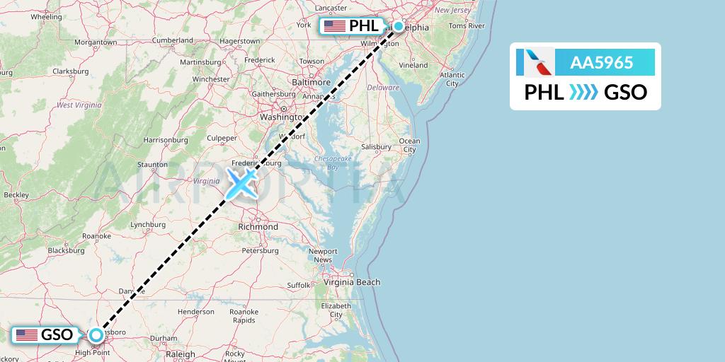 AA5965 American Airlines Flight Map: Philadelphia to Greensboro