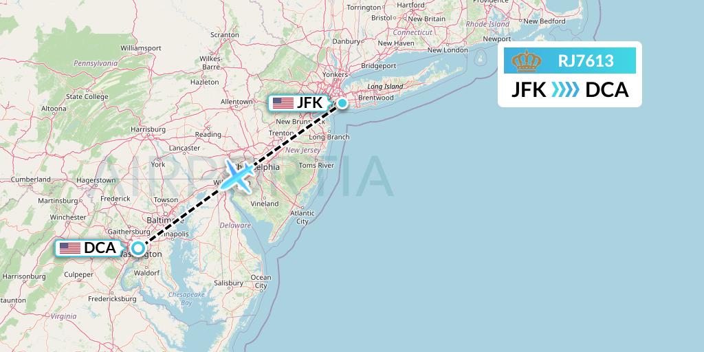 RJ7613 Royal Jordanian Flight Map: New York to Washington
