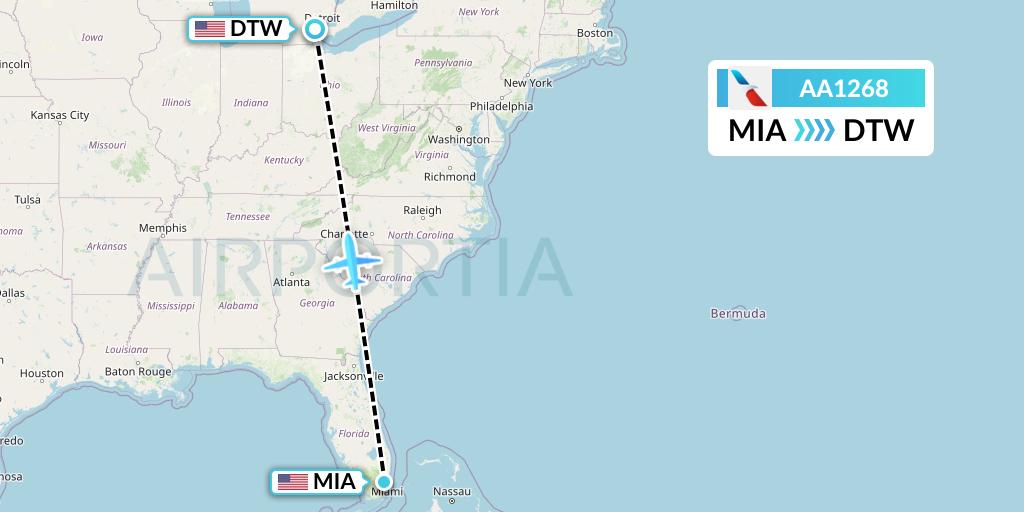 AA1268 American Airlines Flight Map: Miami to Detroit