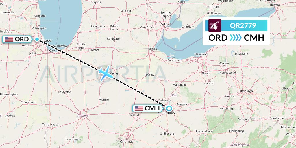 QR2779 Qatar Airways Flight Map: Chicago to Columbus
