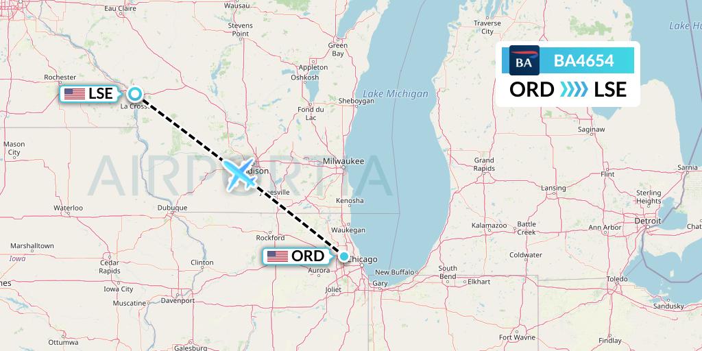 BA4654 British Airways Flight Map: Chicago to La Crosse