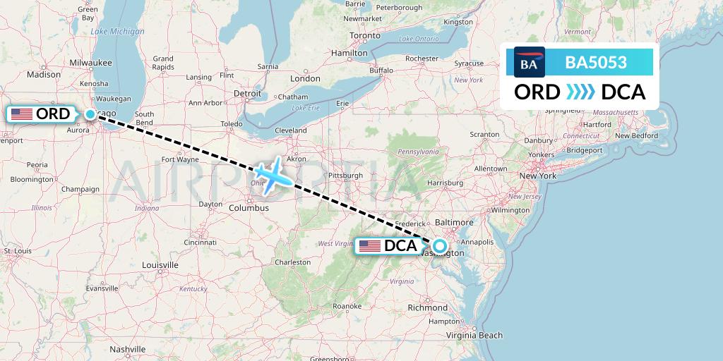 BA5053 British Airways Flight Map: Chicago to Washington