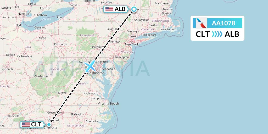 AA1078 American Airlines Flight Map: Charlotte to Albany