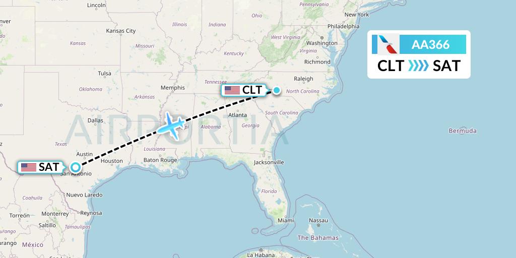 AA366 American Airlines Flight Map: Charlotte to San Antonio