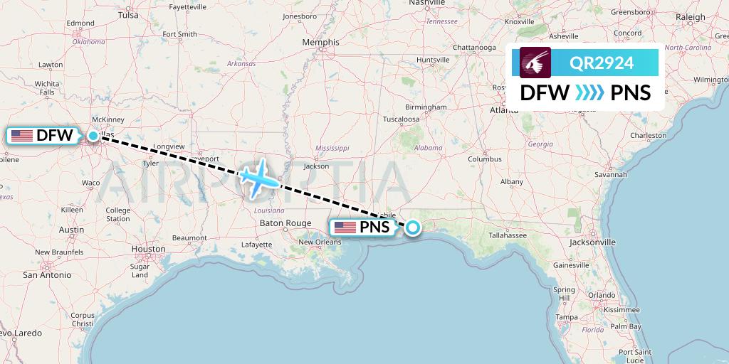 QR2924 Qatar Airways Flight Map: Dallas to Pensacola