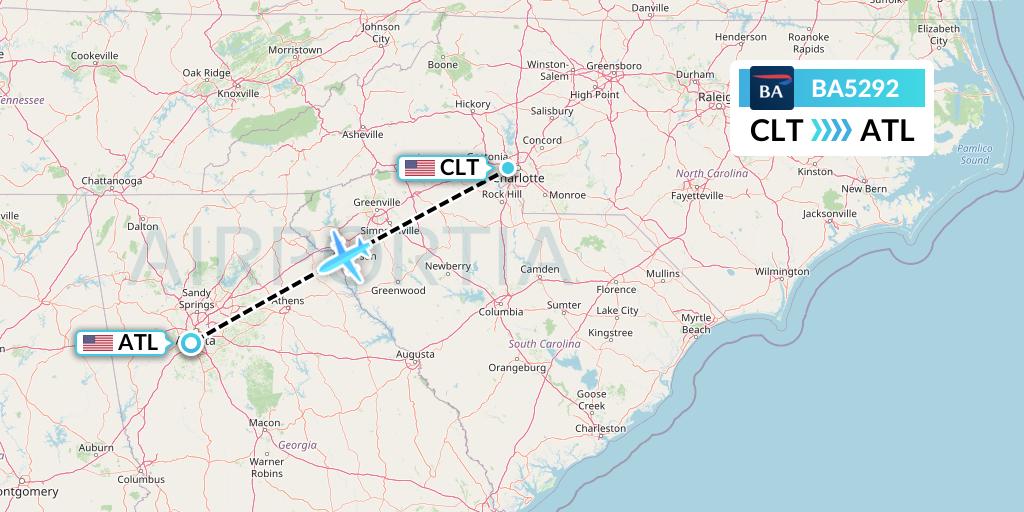 BA5292 British Airways Flight Map: Charlotte to Atlanta