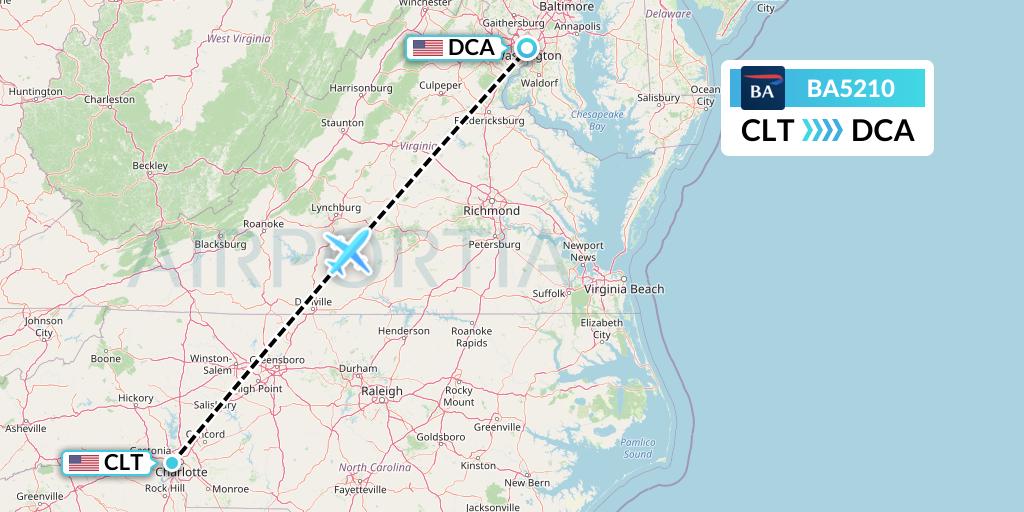 BA5210 British Airways Flight Map: Charlotte to Washington